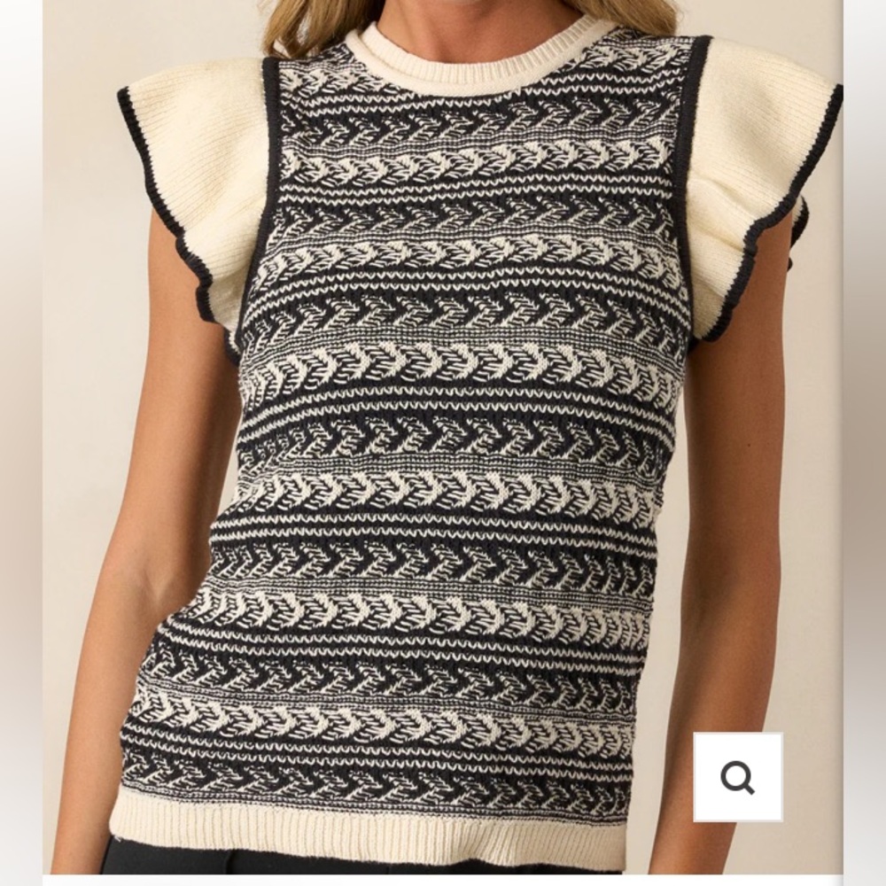 Skies Are Blue Black and Cream Patterned Flutter Sleeve Sweater